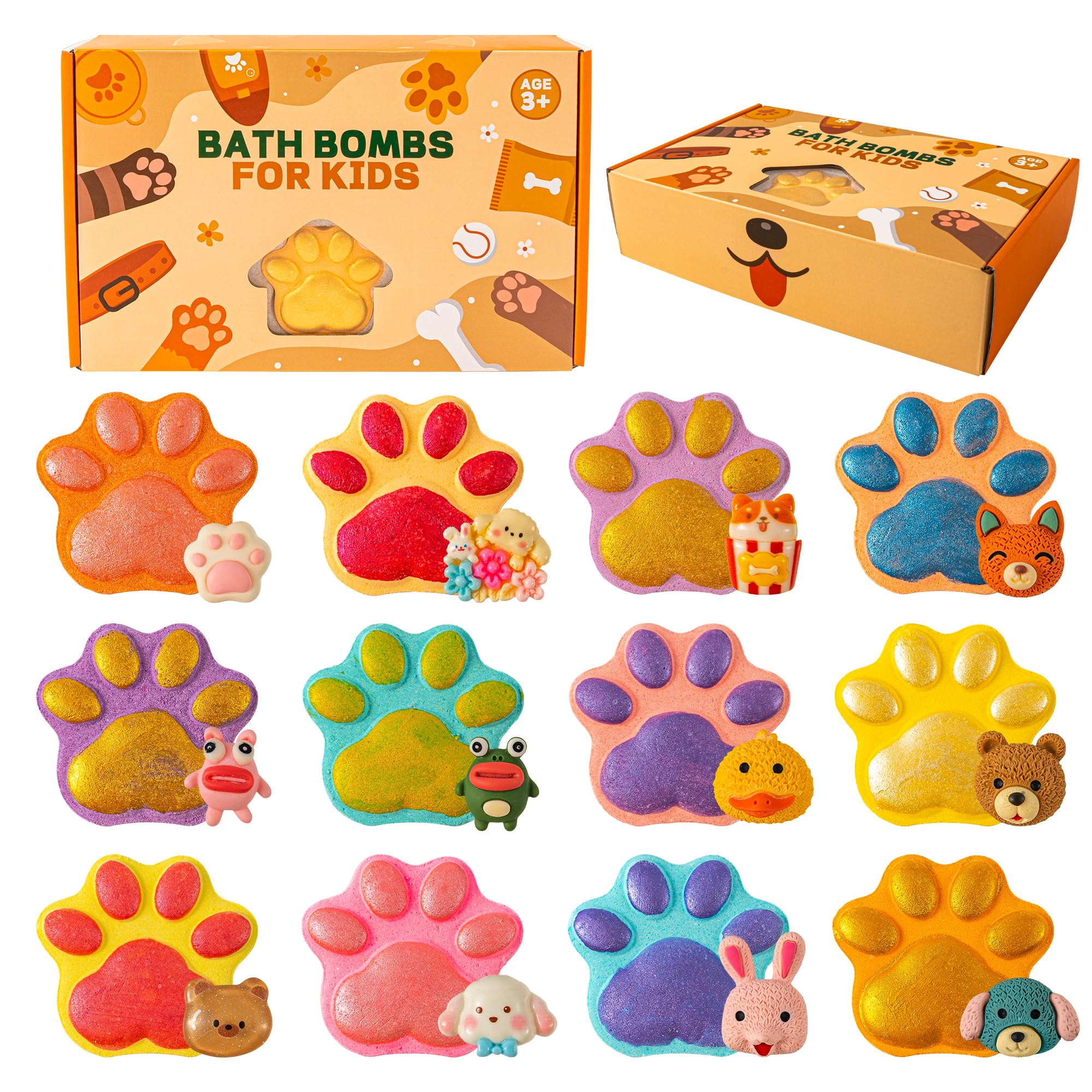 Bath Bombs for Kids with Surprise Toys Inside 12 Pack Paw Bath Bombs Gift Set Bubble Bath Bomb Kit with Toys Kids Bubble Bath Fizzy for Girls Boys with Bath Inside